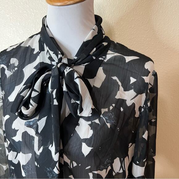 Jason Wu navy blue white floral neck tie sheer flowy button front blouse 14 - Picture 2 of 10